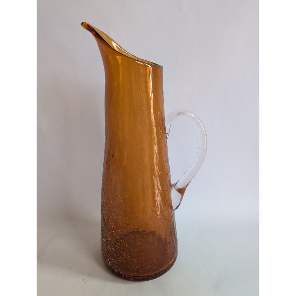 Vtg Crackle Glass Pitcher Tall Mid Century Modern MCM Retro Clear Handle